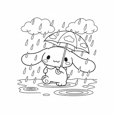 Cinnamoroll med paraply i ösregn