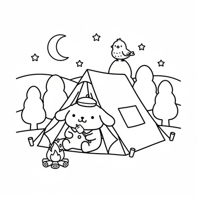 Pompompurin i ett tält på camping