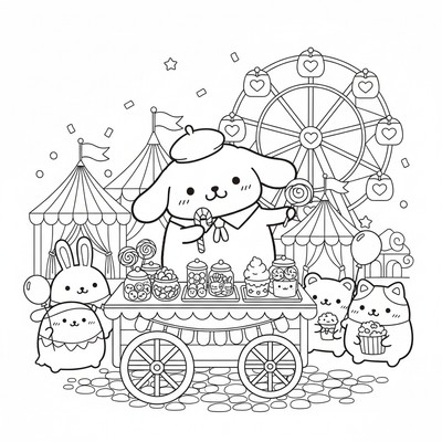 Pompompurin som säljer godis på festival