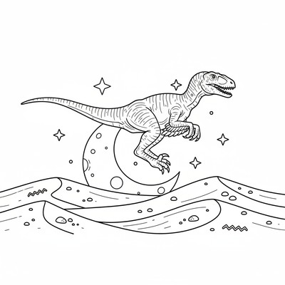 Velociraptor springer över sanddyner med måne lågt