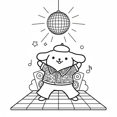 Pompompurin i discokläder på dansgolv