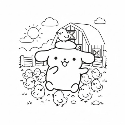 Pompompurin på bondgård bland kycklingar