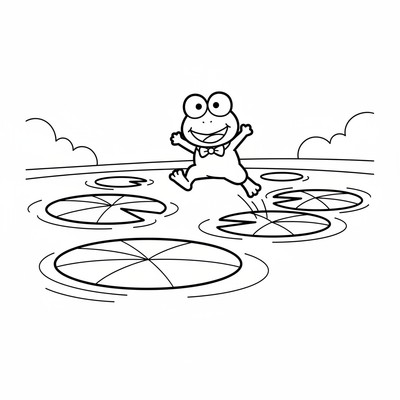 Keroppi som hoppar från näckrosblad till näckrosblad