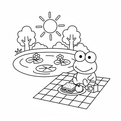 Keroppi på picknick vid dammen