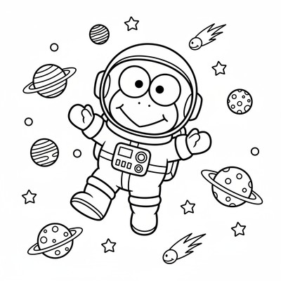 Keroppi i rymddräkt bland planeter