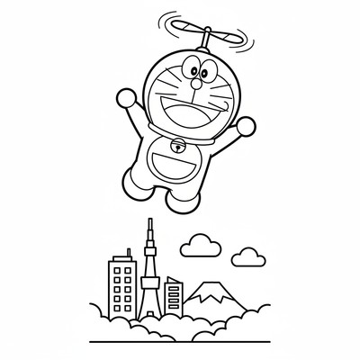 Doraemon som flyger med sin propellerhatt över Tokyo