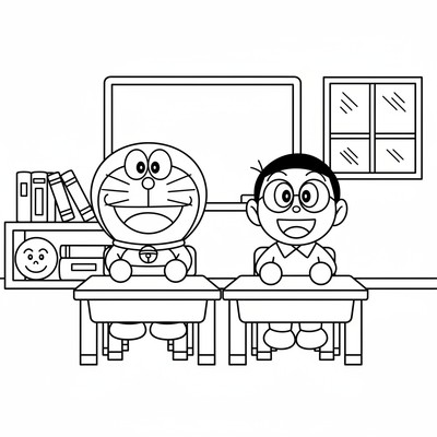 Doraemon i klassrummet bredvid Nobita