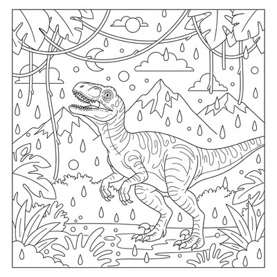 Regnig djungel: velociraptor mellan lianer; droppar, siluett av berg, nattljus