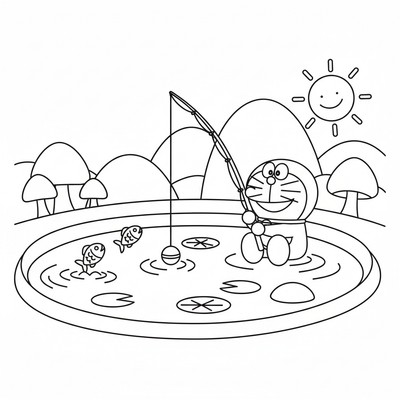 Doraemon som fiskar i en damm