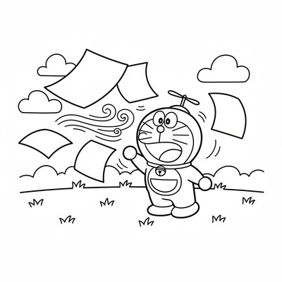 Doraemon som råkar blåsa iväg papper med propellerhatt
