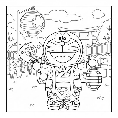 Doraemon i kimono på sommarfestival
