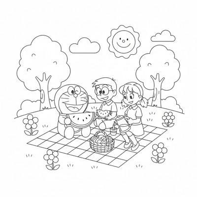 Doraemon på picknick med Nobita och Shizuka