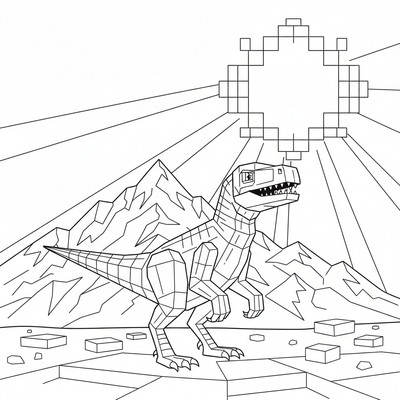 “Pixel/8-bit”-scen: raptor framför lågupplösta berg och stor sol