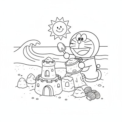 Doraemon som bygger sandslott