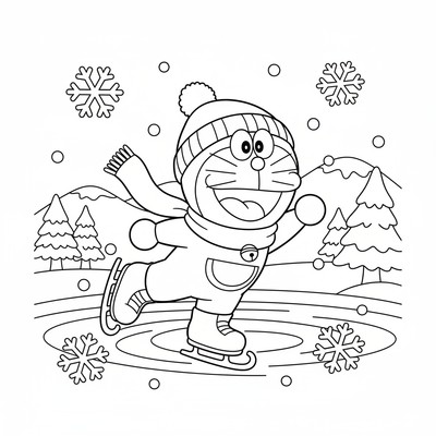 Doraemon i vinterkläder på skridskor
