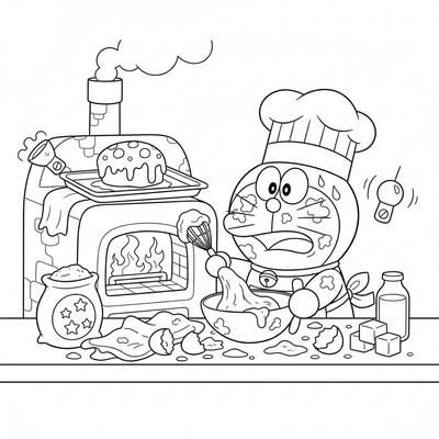 Doraemon som försöker baka en kaka