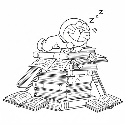 Doraemon som sover i en bokhög
