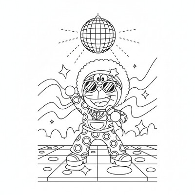 Doraemon i discokläder på dansgolv