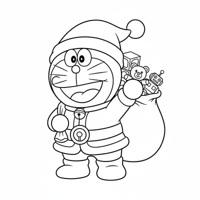 Doraemon i tomtekläder med säck på ryggen