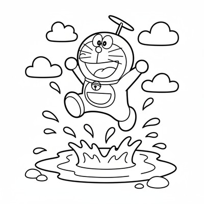 Doraemon som hoppar i vattenpöl