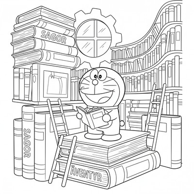 Doraemon i bibliotek bland jättestora böcker
