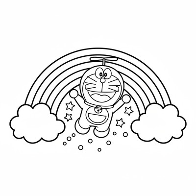 Doraemon som flyger genom regnbåge