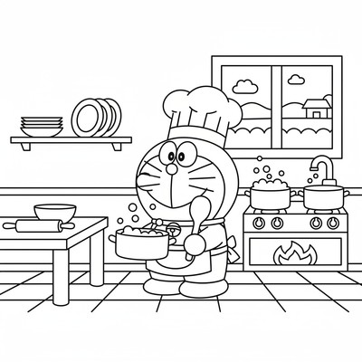 Doraemon i köket med kastruller