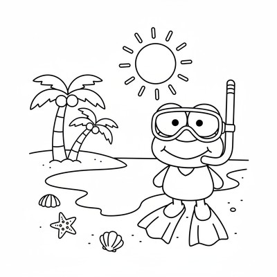 Keroppi på stranden med snorkel