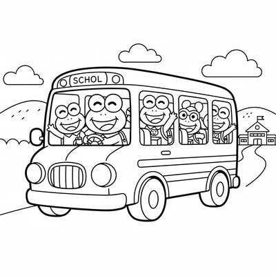 Keroppi i skolbuss med klasskamrater