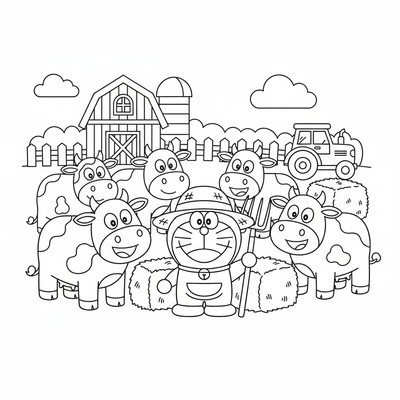 Doraemon på bondgård bland kor