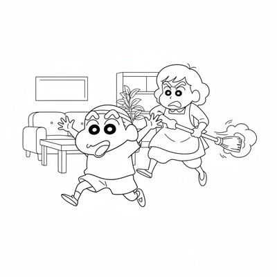 Shin-chan som springer från sin mamma