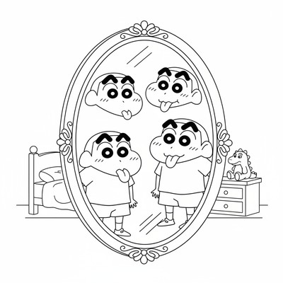 Shin-chan som gör roliga miner framför spegeln