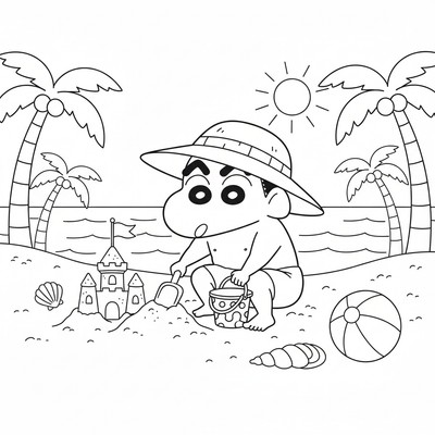 Shin-chan på stranden med hink och spade