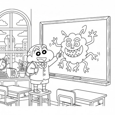 Shin-chan i skolan som ritar på tavlan