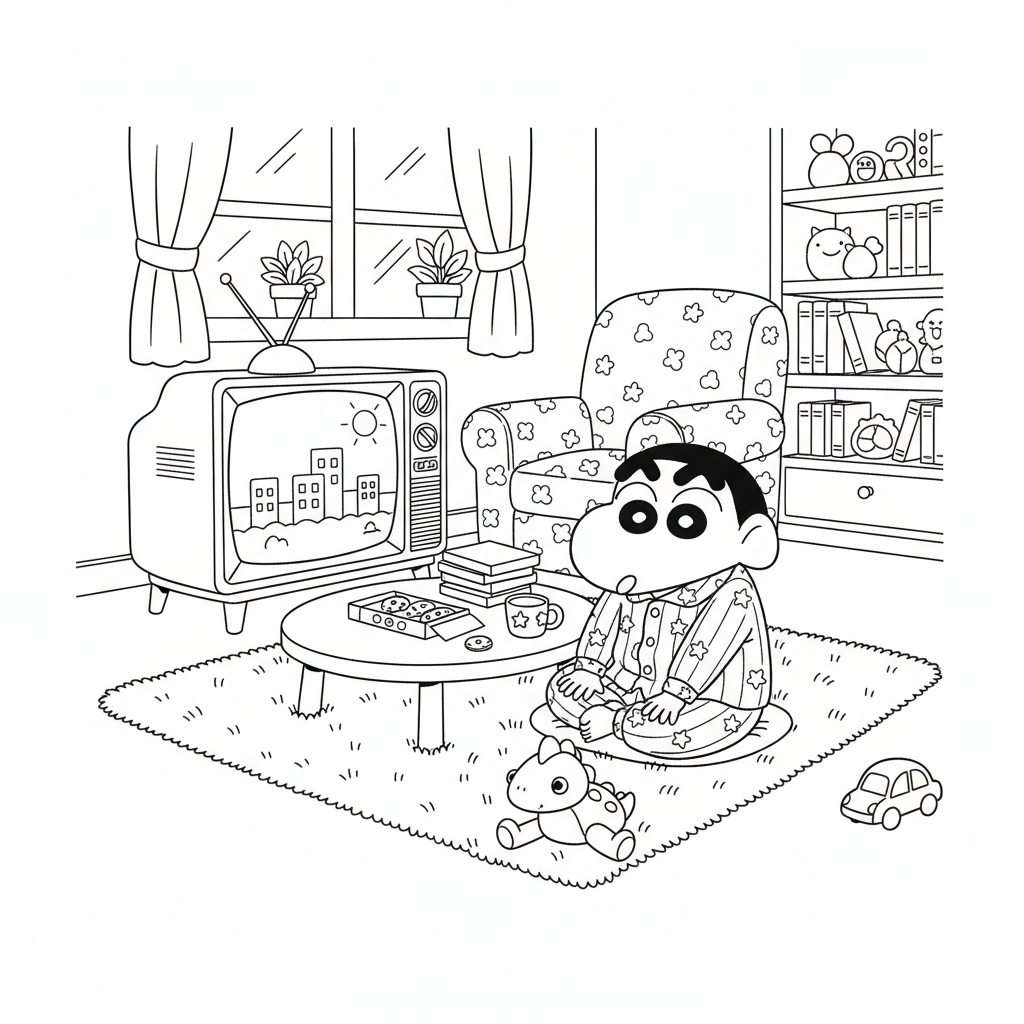 Shin-chan i pyjamas framför tv:n