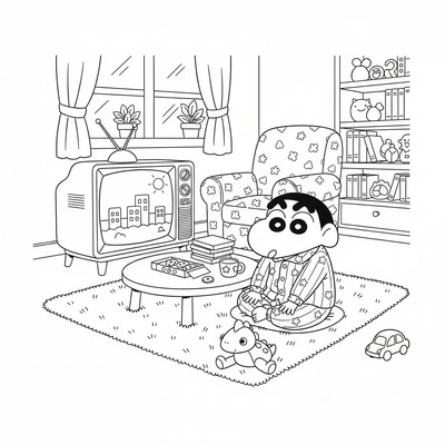 Shin-chan i pyjamas framför tv:n