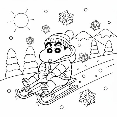 Shin-chan i vinterkläder på kälke