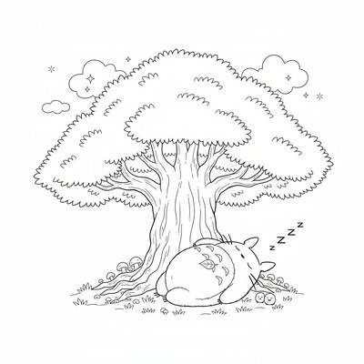 Totoro som sover under ett stort träd