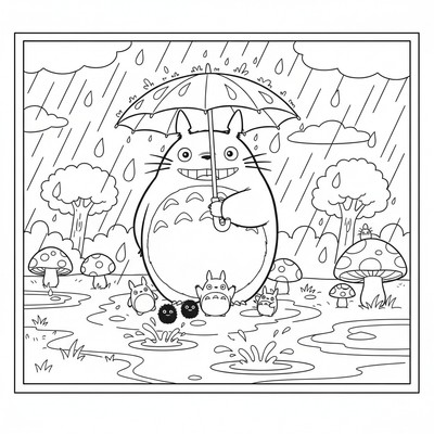 Totoro som håller ett paraply i regnet