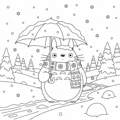 Totoro i vinterlandskap med snö