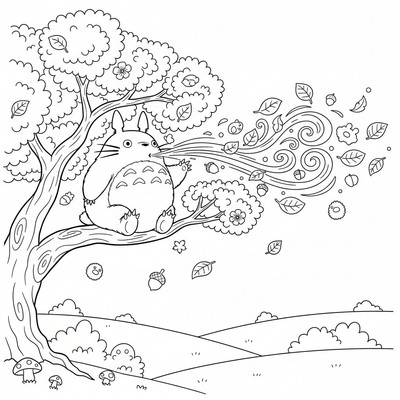 Totoro som blåser i ett träd så löven flyger