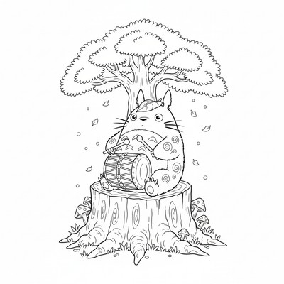 Totoro som spelar trumma på trädstubbe