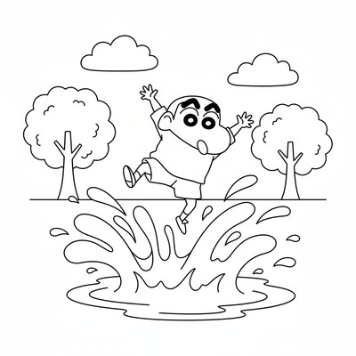 Shin-chan som hoppar i vattenpöl