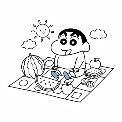 Shin-chan på picknickfilt