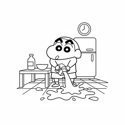 Shin-chan i köket och spiller mjölk
