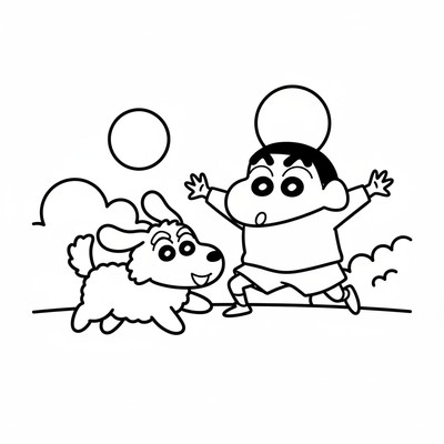 Shin-chan som springer efter en hund