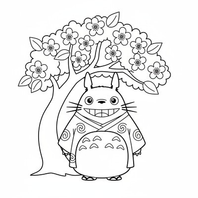 Totoro i kimono vid körsbärsträd