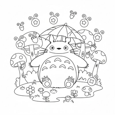 Totoro i skogen med eldflugor