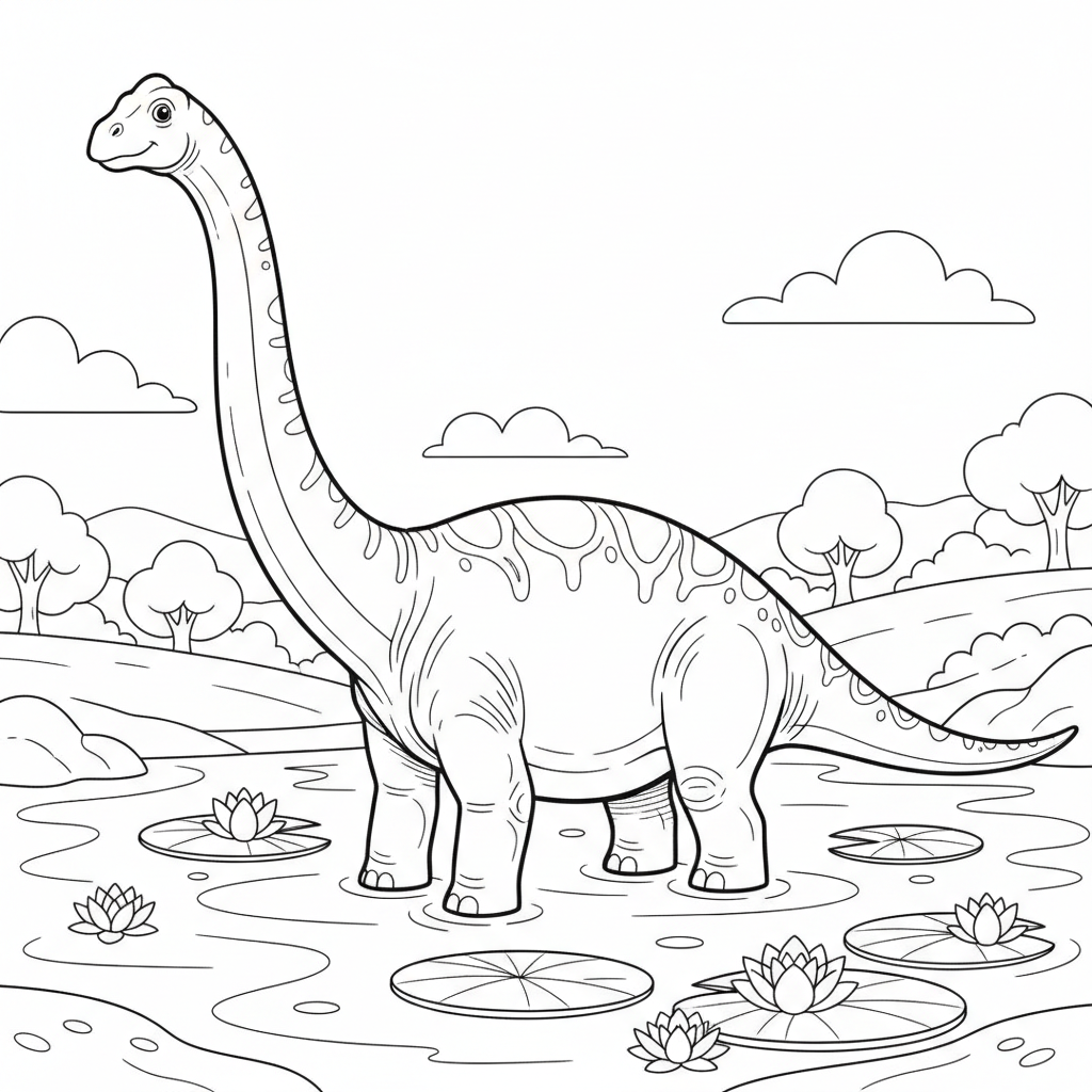 Diplodocus vid flodkant med näckrosor