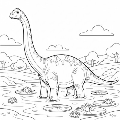 Diplodocus vid flodkant med näckrosor